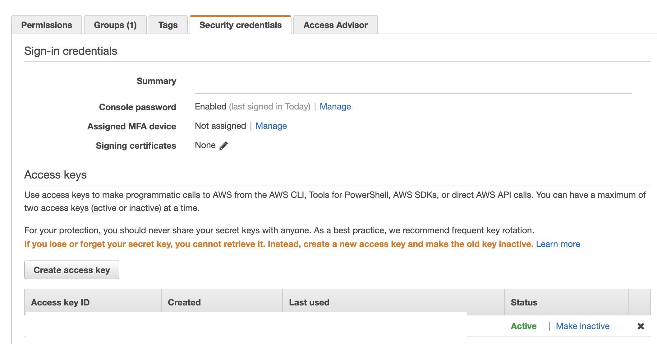 Security Credentials Page